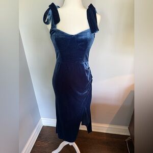 Elegant Blue Velvet Dress with Bow Straps